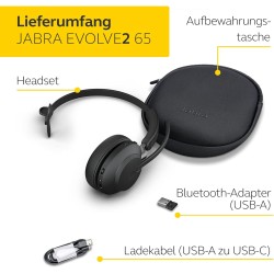 Jabra evolve2 65 casque pc sans fil - casque mono écouteurs certifié uc avec annulation du bruit et batterie longue durée - adap
