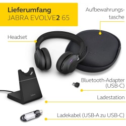 Jabra evolve2 65 casque pc sans fil avec station de charge - casque audio certifié uc anti-bruit avec batterie longue durée - ad
