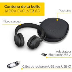 Jabra evolve2 65 casque pc sans fil - casque audio certifié uc avec annulation du bruit et batterie longue durée - adaptateur bl