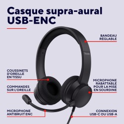 Trust Roha II Casque USB avec Micro ENC Antibruit on Ear, Microphone Réduction du Bruit, 85% Plastique Recycle, Câble 1,8 m, Cas