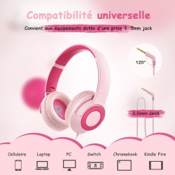 Casque Audio Enfant Filaire avec Microphone, Volume Limité à 85/94 DB, Casque Prise Jack Enfant, Ecouteurs Filaire, Pliable, pou