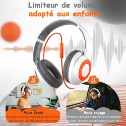 Casque Audio Enfant Filaire avec Microphone, Volume Limité à 85/94 DB, Casque Prise Jack Enfant, Ecouteurs Filaire, Pliable, pou
