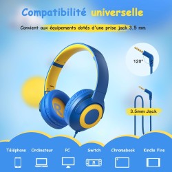 Casque Audio Enfant Filaire avec Microphone, Volume Limité à 85/94 DB, Casque Prise Jack Enfant, Ecouteurs Filaire, Pliable, pou