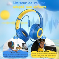 Casque Audio Enfant Filaire avec Microphone, Volume Limité à 85/94 DB, Casque Prise Jack Enfant, Ecouteurs Filaire, Pliable, pou