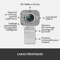 Logitech StreamCam : webcam pour streaming YouTube et Twitch, full HD 1080p 60Fps, connexion USB-C, détection des visages par IA