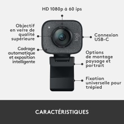 Logitech StreamCam, webcam pour streaming YouTube et Twitch, full HD 1080p 60Fps, connexion USB-C, détection des visages par IA,