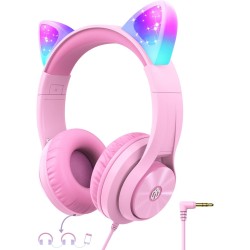 iClever Casque Audio Enfant, Oreilles de Chat Lumineuses LED, Volume Limité à 85dBA, Port partagé, pour Enfants/Ecole/iPad/Table