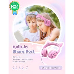 iClever Casque Audio Enfant, Oreilles de Chat Lumineuses LED, Volume Limité à 85dBA, Port partagé, pour Enfants/Ecole/iPad/Table