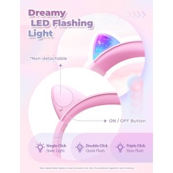 iClever Casque Audio Enfant, Oreilles de Chat Lumineuses LED, Volume Limité à 85dBA, Port partagé, pour Enfants/Ecole/iPad/Table