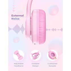 iClever Casque Audio Enfant, Oreilles de Chat Lumineuses LED, Volume Limité à 85dBA, Port partagé, pour Enfants/Ecole/iPad/Table