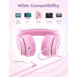 iClever Casque Audio Enfant, Oreilles de Chat Lumineuses LED, Volume Limité à 85dBA, Port partagé, pour Enfants/Ecole/iPad/Table