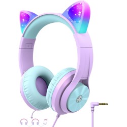 iClever Casque Audio Enfant, Oreilles de Chat Lumineuses LED, Volume Limité à 85dBA, Port partagé, pour Enfants/Ecole/iPad/Table
