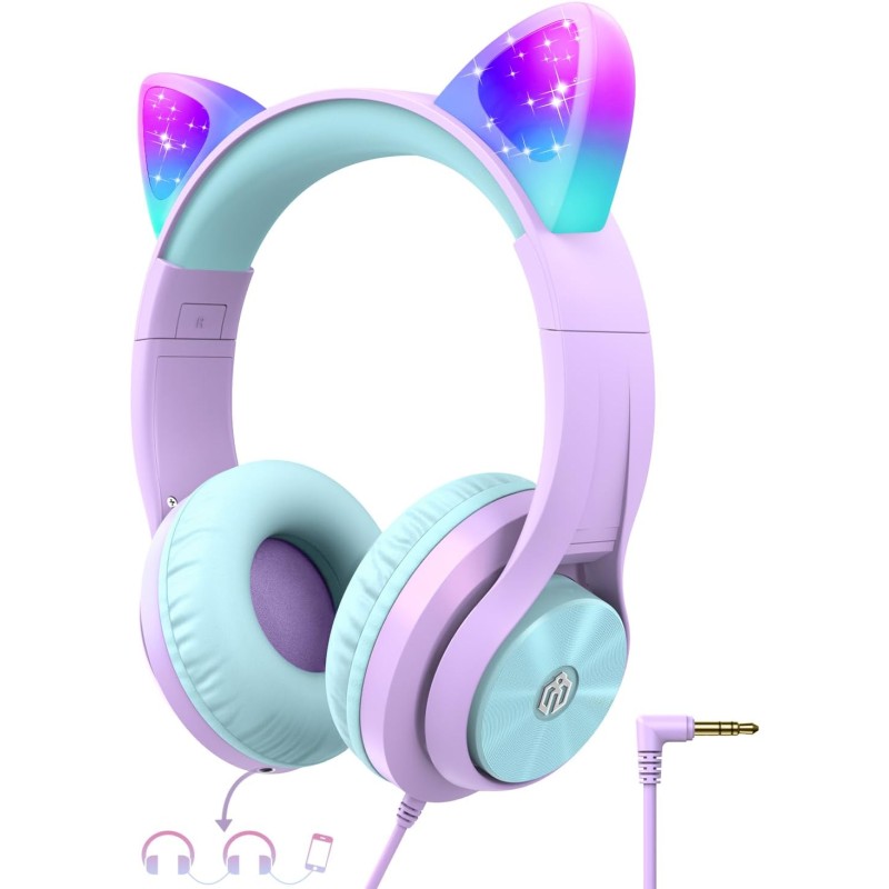 iClever Casque Audio Enfant, Oreilles de Chat Lumineuses LED, Volume Limité à 85dBA, Port partagé, pour Enfants/Ecole/iPad/Table