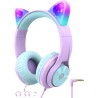 iClever Casque Audio Enfant, Oreilles de Chat Lumineuses LED, Volume Limité à 85dBA, Port partagé, pour Enfants/Ecole/iPad/Table