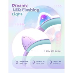 iClever Casque Audio Enfant, Oreilles de Chat Lumineuses LED, Volume Limité à 85dBA, Port partagé, pour Enfants/Ecole/iPad/Table