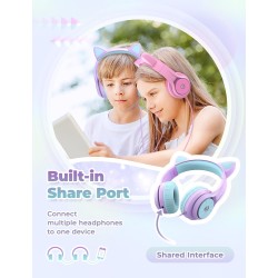 iClever Casque Audio Enfant, Oreilles de Chat Lumineuses LED, Volume Limité à 85dBA, Port partagé, pour Enfants/Ecole/iPad/Table