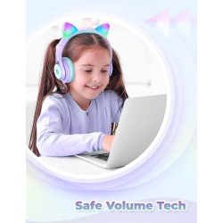iClever Casque Audio Enfant, Oreilles de Chat Lumineuses LED, Volume Limité à 85dBA, Port partagé, pour Enfants/Ecole/iPad/Table