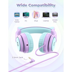 iClever Casque Audio Enfant, Oreilles de Chat Lumineuses LED, Volume Limité à 85dBA, Port partagé, pour Enfants/Ecole/iPad/Table