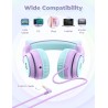 iClever Casque Audio Enfant, Oreilles de Chat Lumineuses LED, Volume Limité à 85dBA, Port partagé, pour Enfants/Ecole/iPad/Table