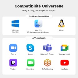 Uvert webcam 2k 30fps caméra usb pc deux micro mise au point fixe angle réglable correction lumière plug play windows macos linu
