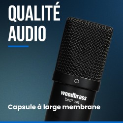 WOODBRASS Bird UM1 Pack Podcast Noir - Microphone USB Cardioïde à Condensateur PC et Mac pour Broadcast et Enregistrement Stream
