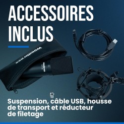 WOODBRASS Bird UM1 Pack Podcast Noir - Microphone USB Cardioïde à Condensateur PC et Mac pour Broadcast et Enregistrement Stream