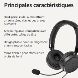 Amazon Basics Casque d'ordinateur filaire avec microphone, pliable, taille unique, noir