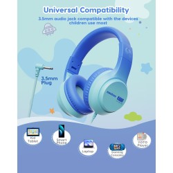 Casque Audio Enfant, 74/85/94dB Volume Sécurisé Casque Filaire Enfant, Son Stéréo, Pliable, 3.5 mm Jack Over Ear Casque pour Enf