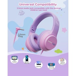 Casque Audio Enfant, 74/85/94dB Volume Sécurisé Casque Filaire Enfant, Son Stéréo, Pliable, 3.5 mm Jack Over Ear Casque pour Enf