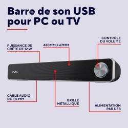 Trust Arys Enceinte PC, 12 Watt, Barre de Son PC, Alimentation USB, Jack 3,5 mm, Haut Parleur pour Ordinateur Portable, Tablette