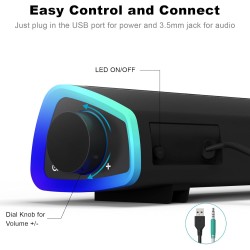 SOULION R30 Enceinte PC, Haut Parleur pour Ordinateur Alimenté par USB, 3.5mm AUX, LED colorées avec Bouton de Commutation, Barr