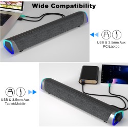 SOULION R30 Enceinte PC, Haut Parleur pour Ordinateur Alimenté par USB, 3.5mm AUX, LED colorées avec Bouton de Commutation, Barr