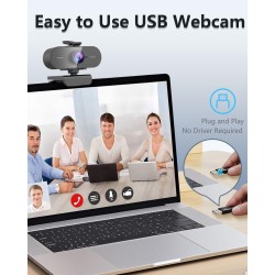 2K Webcam,Full HD Camera PC Grand Angle 90 °avec Microphone Antibruit,Caméra USB Plug Play pour Ordinateur Bureau Portable Mac,W
