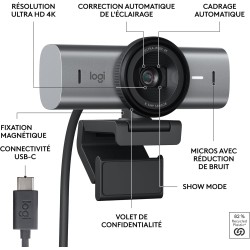 Logitech MX Brio Webcam de Collaboration et Streaming 4K Ultra HD, 1080p à 60 IPS, 2 micros avec réduction de Bruit, Show Mode, 