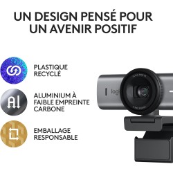 Logitech MX Brio Webcam de Collaboration et Streaming 4K Ultra HD, 1080p à 60 IPS, 2 micros avec réduction de Bruit, Show Mode, 