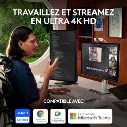 Logitech mx brio webcam de collaboration et streaming 4k ultra hd, 1080p à 60 ips, 2 micros avec réduction de bruit, show mode, 