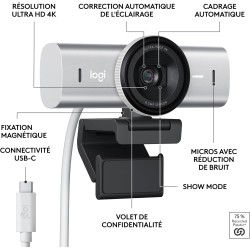 Logitech mx brio webcam de collaboration et streaming 4k ultra hd, 1080p à 60 ips, 2 micros avec réduction de bruit, show mode, 