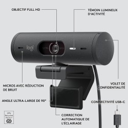Logitech Brio 500 Webcam Streaming HD avec Expo Auto, Mode ’Show’, Deux Micros à Réduction de Bruit, Clapet Confidentiel, Compat