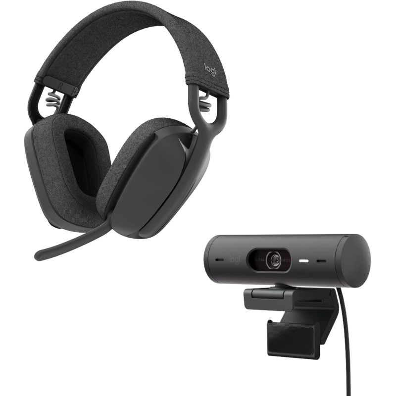 Logitech Brio 500 Full HD Webcam et Zone Vibe 100 Casque sans Fil avec Micro Anti-Parasite, Compatible avec Microsoft Teams, Goo