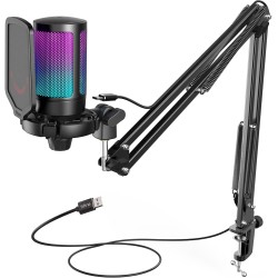 FIFINE USB Micro Gaming avec Bras pour PC PS4 PS5, Condensateur Microphone pour Streaming Podcast Studio, avec Bouton de Silence