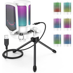FIFINE USB Microphone Gaming, RGB Condensateur Microphone pour PC PS5, avec Bouton de Silence, Fixation Antichoc, Support Trépie