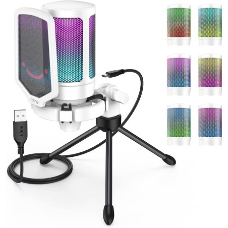 FIFINE USB Microphone Gaming, RGB Condensateur Microphone pour PC PS5, avec Bouton de Silence, Fixation Antichoc, Support Trépie
