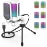 FIFINE USB Microphone Gaming, RGB Condensateur Microphone pour PC PS5, avec Bouton de Silence, Fixation Antichoc, Support Trépie