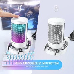 FIFINE USB Microphone Gaming, RGB Condensateur Microphone pour PC PS5, avec Bouton de Silence, Fixation Antichoc, Support Trépie