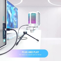 FIFINE USB Microphone Gaming, RGB Condensateur Microphone pour PC PS5, avec Bouton de Silence, Fixation Antichoc, Support Trépie