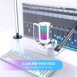 FIFINE USB Microphone Gaming, RGB Condensateur Microphone pour PC PS5, avec Bouton de Silence, Fixation Antichoc, Support Trépie