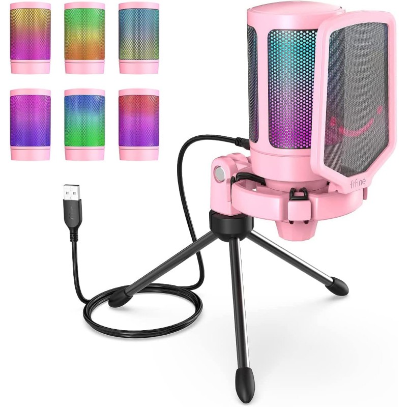 FIFINE USB Microphone Gaming, RGB Condensateur Microphone pour PC PS5, avec Bouton de Silence, Fixation Antichoc, Support Trépie