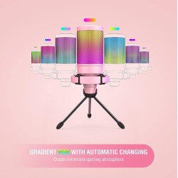 FIFINE USB Microphone Gaming, RGB Condensateur Microphone pour PC PS5, avec Bouton de Silence, Fixation Antichoc, Support Trépie