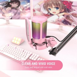 FIFINE USB Microphone Gaming, RGB Condensateur Microphone pour PC PS5, avec Bouton de Silence, Fixation Antichoc, Support Trépie