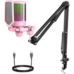 FIFINE USB Microphone Gaming kit, RGB Condensateur Microphone pour Ordinateur PC PS5, avec Bouton de Silence, Fixation Antichoc,